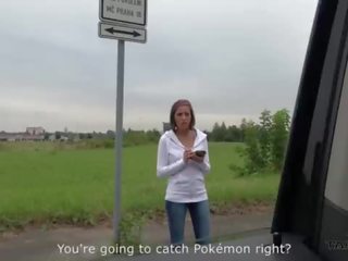 Fantastic groovy pokemon hunter busty feature convinced to fuck stranger in driving van